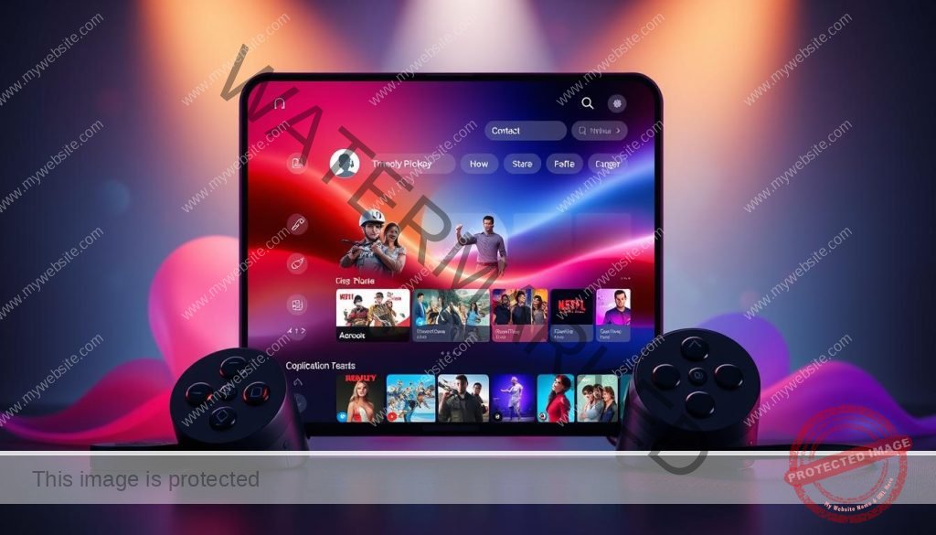 A modern and sleek streaming app interface showcasing advanced functionalities. A large central display showcases a wide range of content, with intuitive controls and menus surrounding it. Vibrant colors, smooth gradients, and clean typography create a visually appealing and user-friendly design. In the background, a subtle pattern or abstract shapes add depth and interest. Cinematic lighting creates depth and highlights key elements. The overall mood is one of technological sophistication and seamless, immersive digital entertainment. A modern and sleek streaming app interface showcasing advanced functionalities. A large central display showcases a wide range of content, with intuitive controls and menus surrounding it. Vibrant colors, smooth gradients, and clean typography create a visually appealing and user-friendly design. In the background, a subtle pattern or abstract shapes add depth and interest. Cinematic lighting creates depth and highlights key elements. The overall mood is one of technological sophistication and seamless, immersive digital entertainment.
